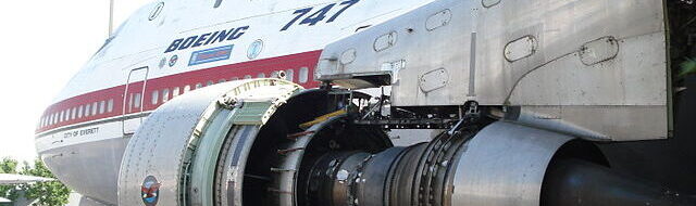 A Pratt & Whitney JT9D turbofan on the wing of the Boeing 747 prototype.